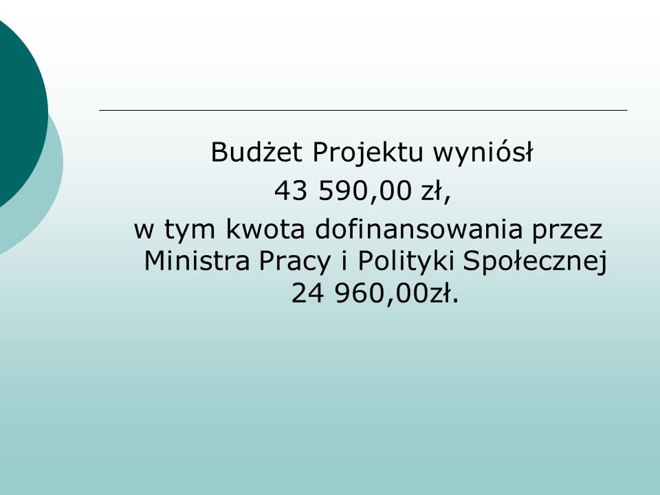 Budżet Projektu wyniósł ,00 zł, w tym kwota dofinansowania przez Ministra Pracy i Polityki Społecznej ,00zł.