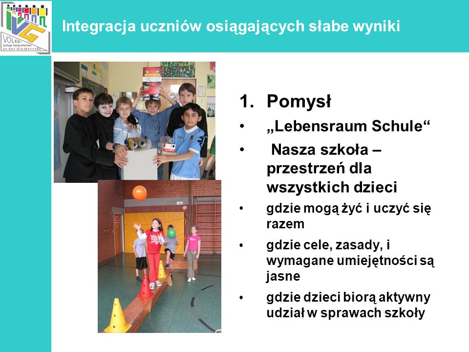 Integracja uczniów osiągających słabe wyniki 1.Pomysł Lebensraum Schule Nasza szkoła – przestrzeń dla wszystkich dzieci gdzie mogą żyć i uczyć się razem gdzie cele, zasady, i wymagane umiejętności są jasne gdzie dzieci biorą aktywny udział w sprawach szkoły