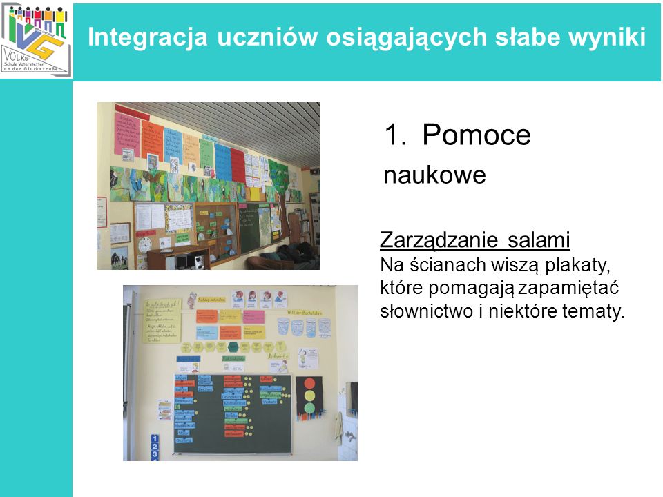Integracja uczniów osiągających słabe wyniki 1.Pomoce naukowe Zarządzanie salami Na ścianach wiszą plakaty, które pomagają zapamiętać słownictwo i niektóre tematy.