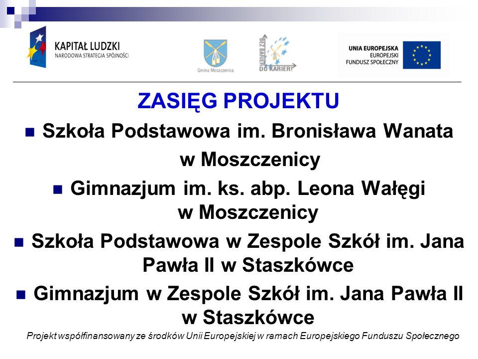 ZASIĘG PROJEKTU Szkoła Podstawowa im. Bronisława Wanata w Moszczenicy Gimnazjum im.