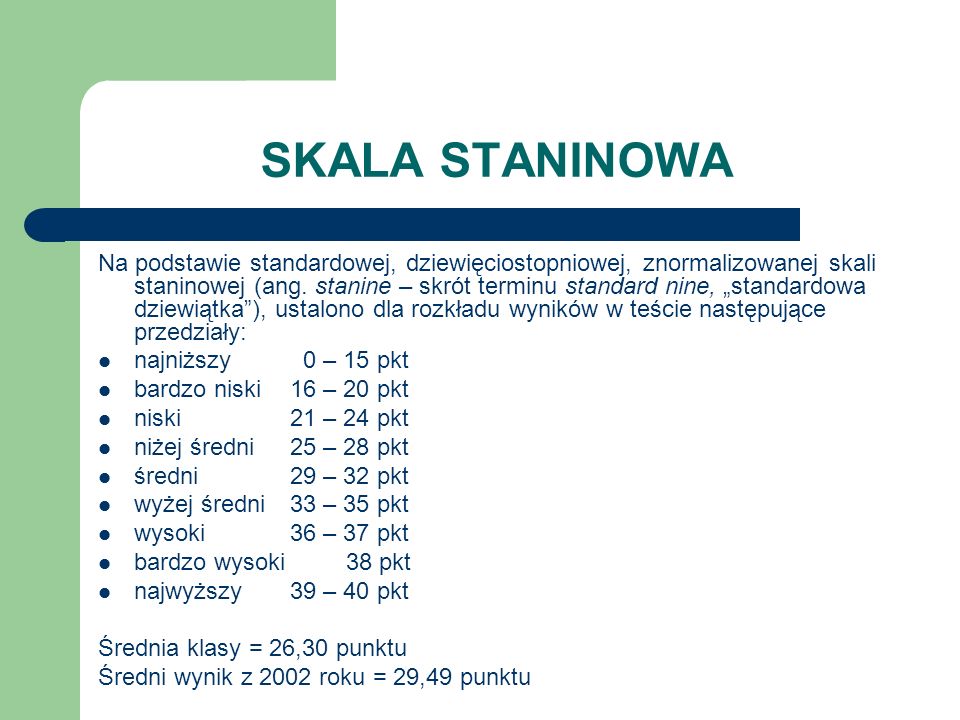 SKALA STANINOWA Na podstawie standardowej, dziewięciostopniowej, znormalizowanej skali staninowej (ang.