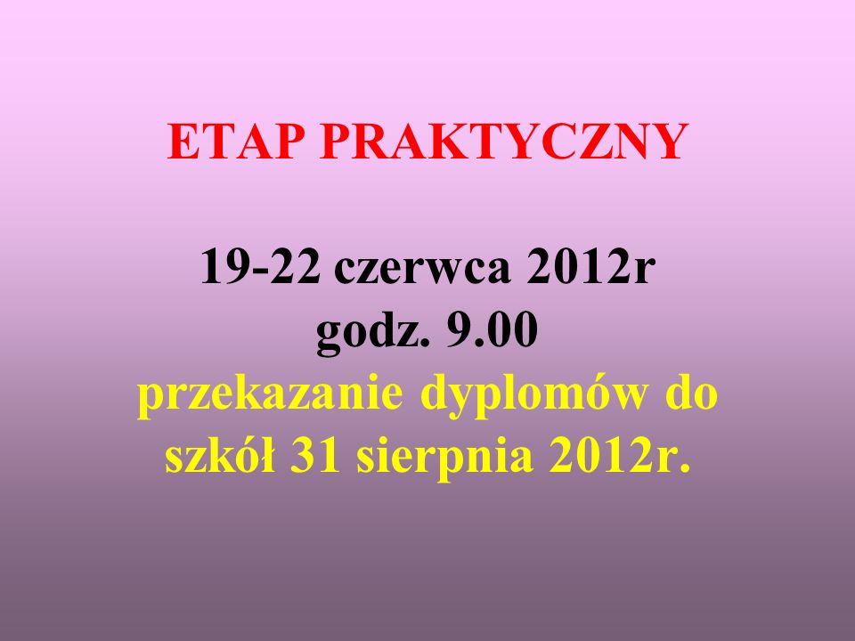 ETAP PRAKTYCZNY czerwca 2012r godz przekazanie dyplomów do szkół 31 sierpnia 2012r.