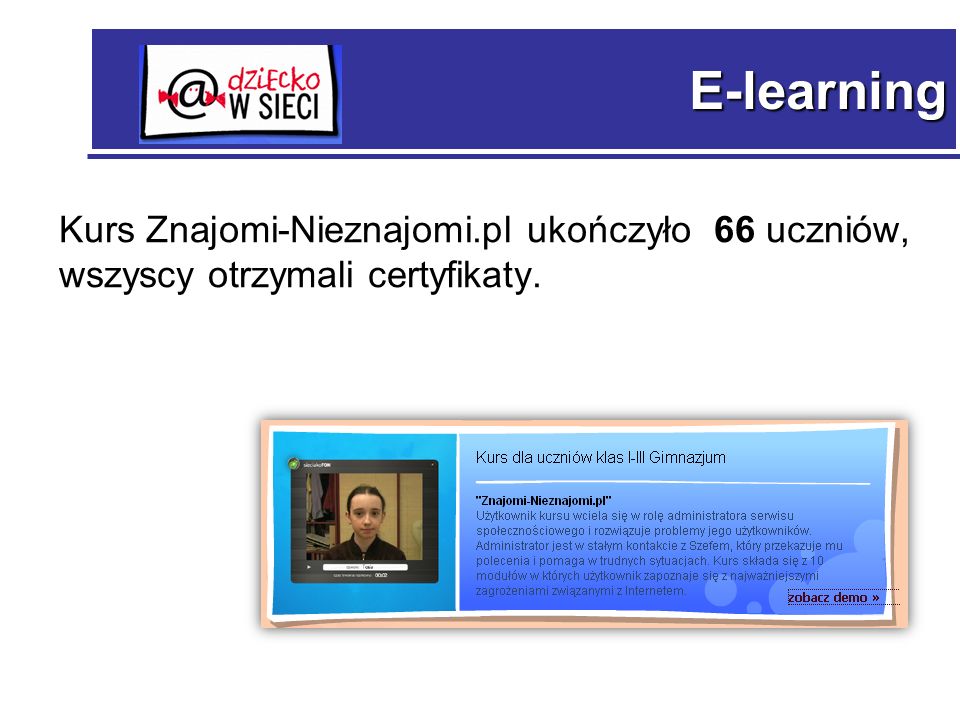 E-learning Kurs Znajomi-Nieznajomi.pl ukończyło 66 uczniów, wszyscy otrzymali certyfikaty.