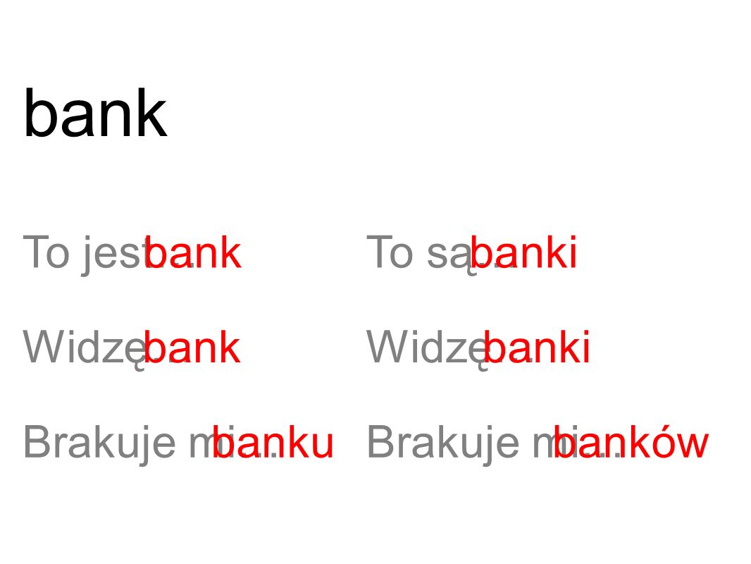 To jest…bank Widzę…bank Brakuje mi…banku To są… Widzę… Brakuje mi… banki banków bank