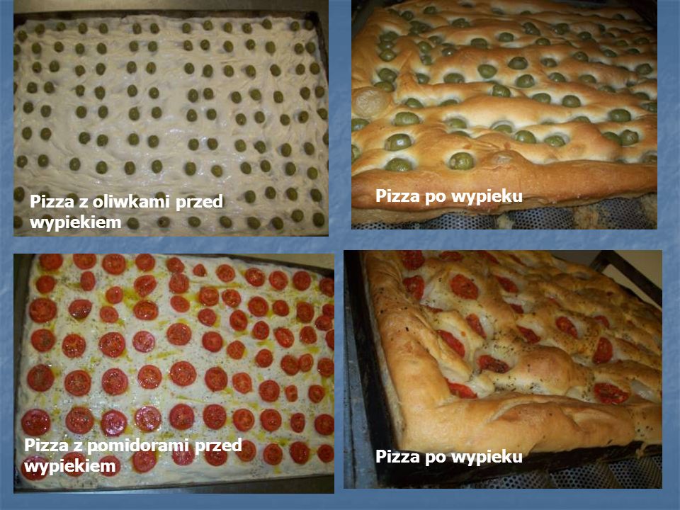 Pizza z oliwkami przed wypiekiem Pizza z pomidorami przed wypiekiem Pizza po wypieku