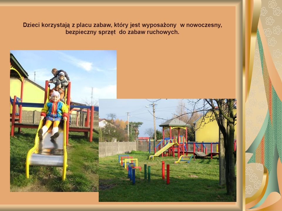 Dzieci korzystają z placu zabaw, który jest wyposażony w nowoczesny, bezpieczny sprzęt do zabaw ruchowych.