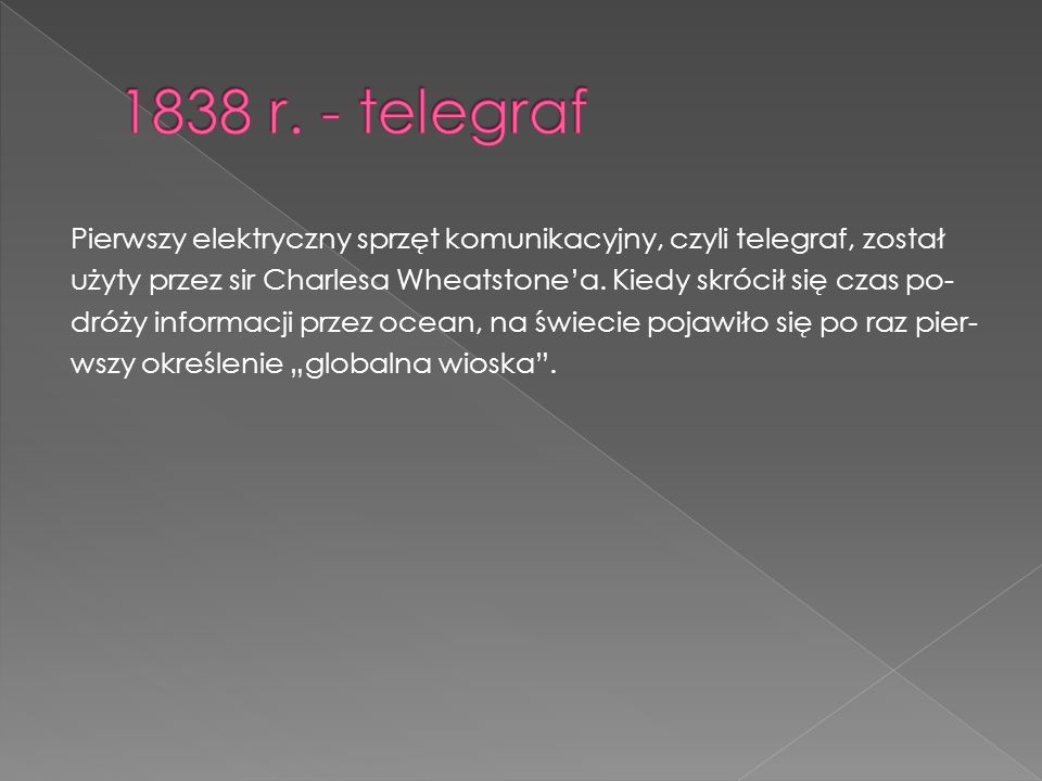 Pierwszy elektryczny sprzęt komunikacyjny, czyli telegraf, został użyty przez sir Charlesa Wheatstone’a.