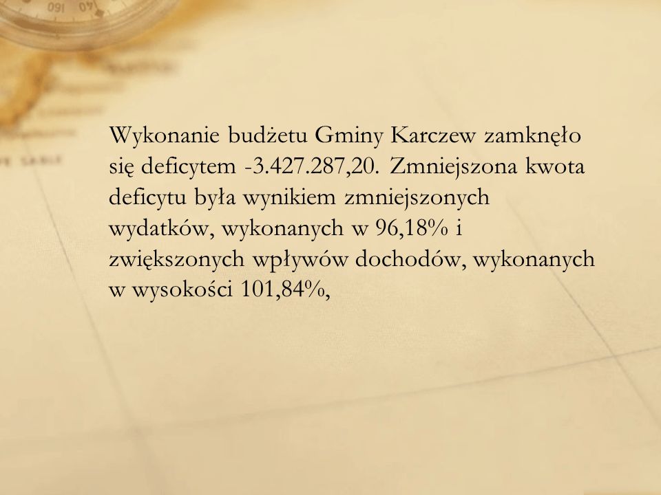 Wykonanie budżetu Gminy Karczew zamknęło się deficytem ,20.