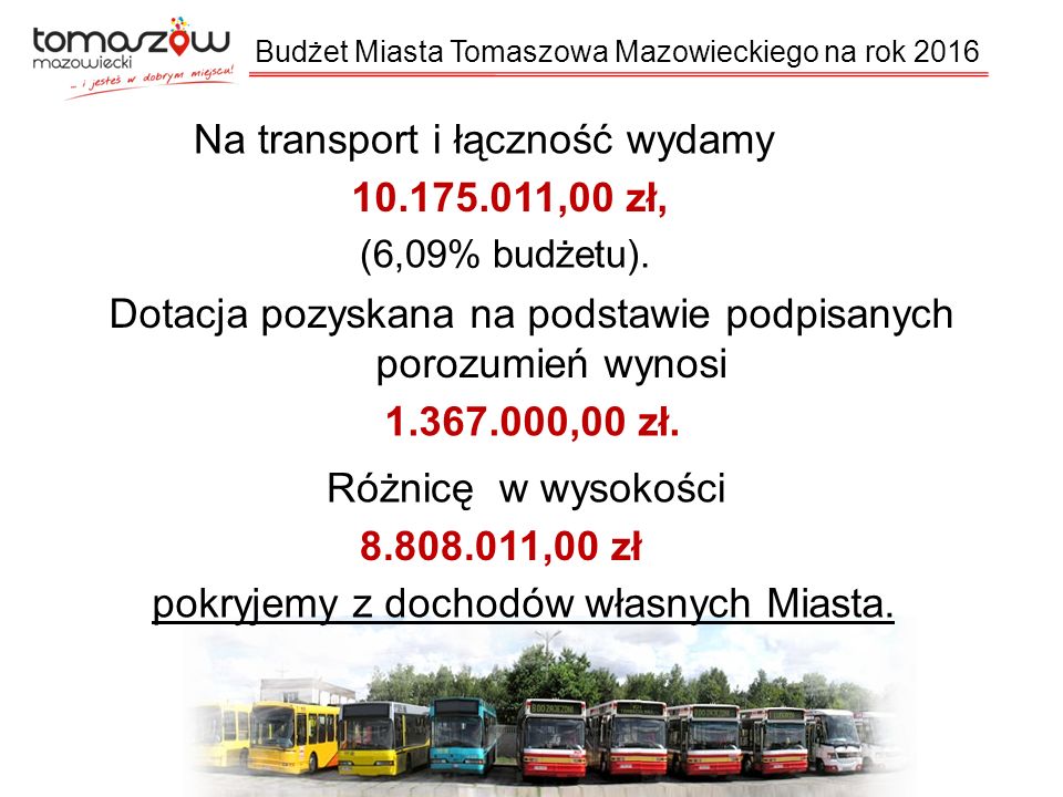 Budżet Miasta Tomaszowa Mazowieckiego na rok 2016 Na transport i łączność wydamy ,00 zł, (6,09% budżetu).