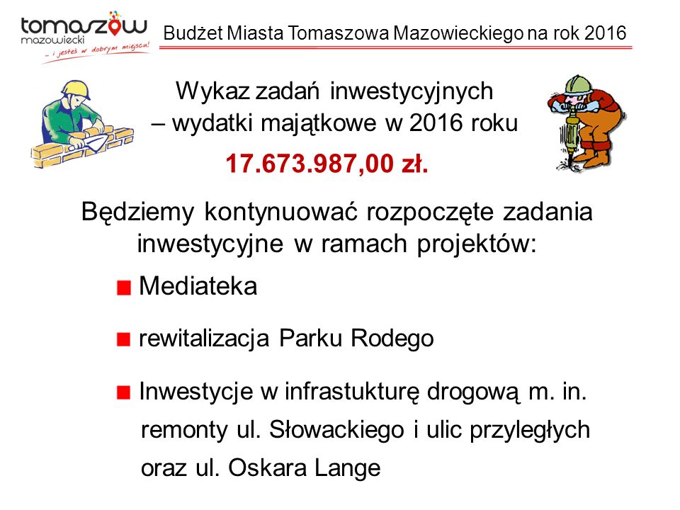 Wykaz zadań inwestycyjnych – wydatki majątkowe w 2016 roku ,00 zł.
