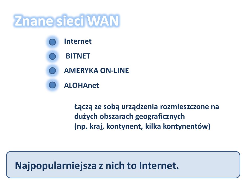 Internet BITNET AMERYKA ON-LINE ALOHAnet Łączą ze sobą urządzenia rozmieszczone na dużych obszarach geograficznych (np.