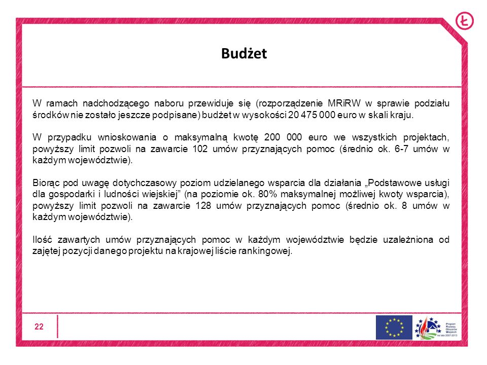 22 Budżet W ramach nadchodzącego naboru przewiduje się (rozporządzenie MRiRW w sprawie podziału środków nie zostało jeszcze podpisane) budżet w wysokości euro w skali kraju.