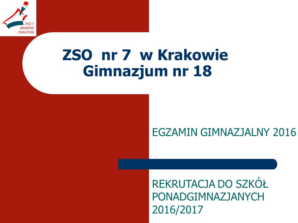 ZSO nr 7 w Krakowie Gimnazjum nr 18 EGZAMIN GIMNAZJALNY 2016 REKRUTACJA DO SZKÓŁ PONADGIMNAZJANYCH 2016/2017
