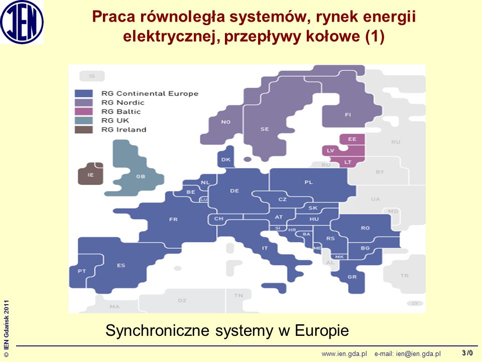 /0 © IEN Gdańsk Praca równoległa systemów, rynek energii elektrycznej, przepływy kołowe (1) Synchroniczne systemy w Europie