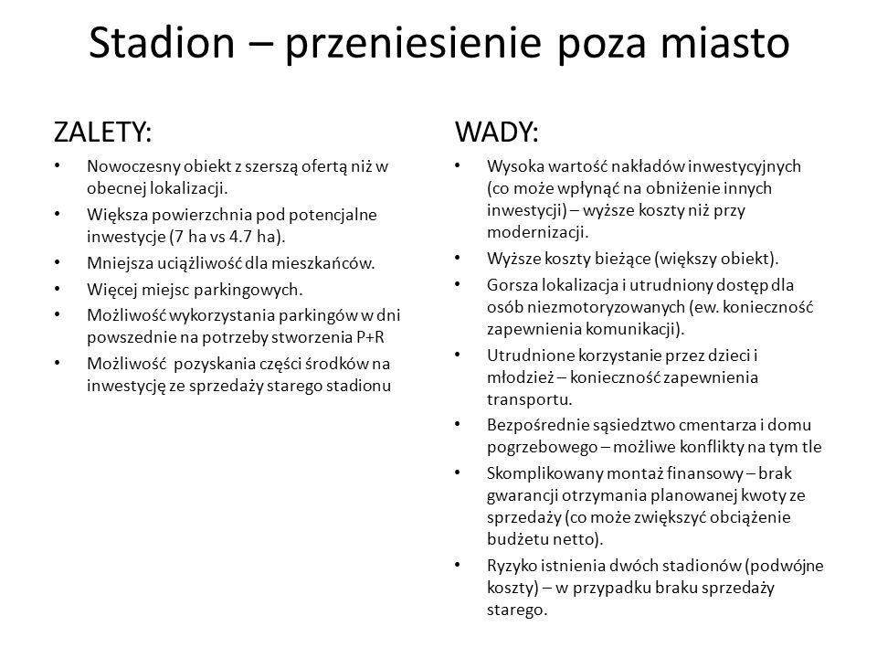 Stadion – przeniesienie poza miasto ZALETY: Nowoczesny obiekt z szerszą ofertą niż w obecnej lokalizacji.