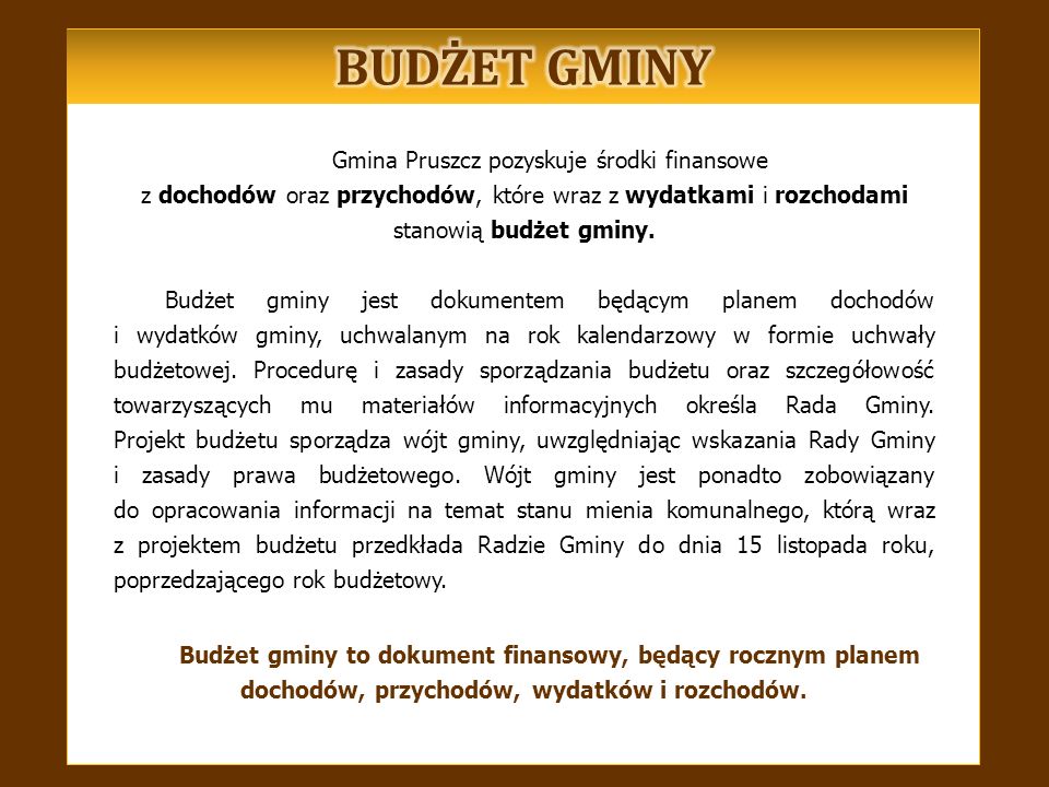 Gmina Pruszcz pozyskuje środki finansowe z dochodów oraz przychodów, które wraz z wydatkami i rozchodami stanowią budżet gminy.