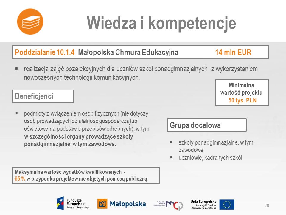 Poddziałanie Małopolska Chmura Edukacyjna 14 mln EUR Wiedza i kompetencje 26  realizacja zajęć pozalekcyjnych dla uczniów szkół ponadgimnazjalnych z wykorzystaniem nowoczesnych technologii komunikacyjnych.