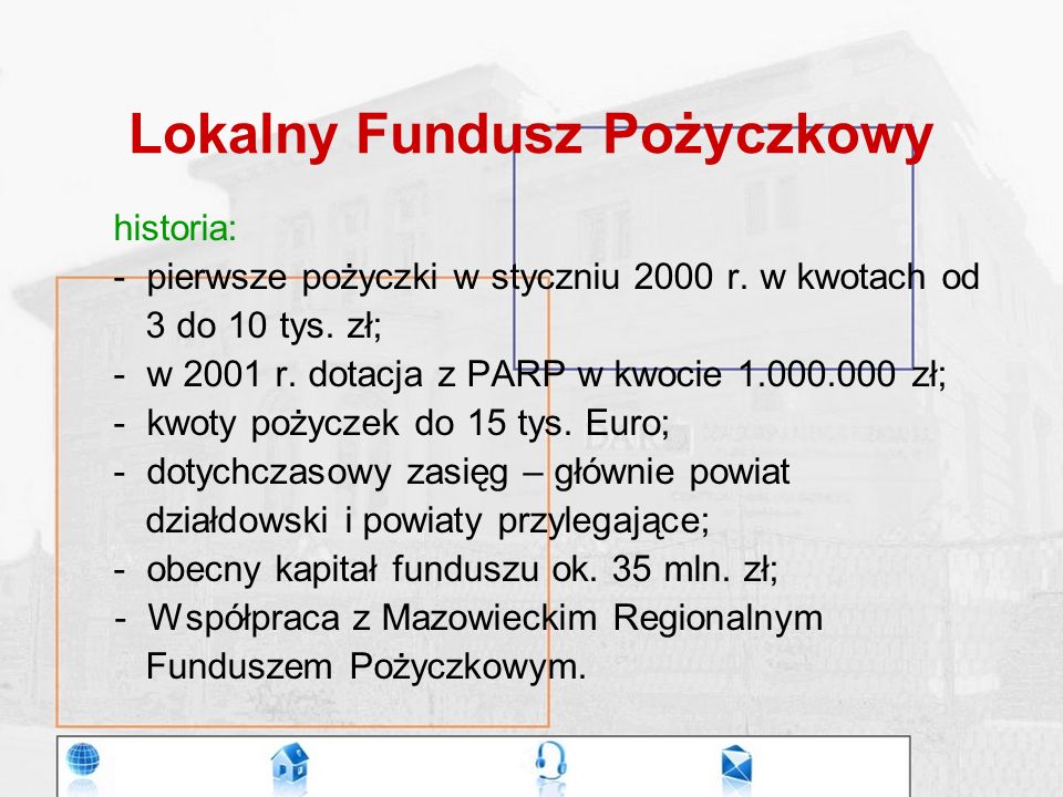 Lokalny Fundusz Pożyczkowy historia: - pierwsze pożyczki w styczniu 2000 r.