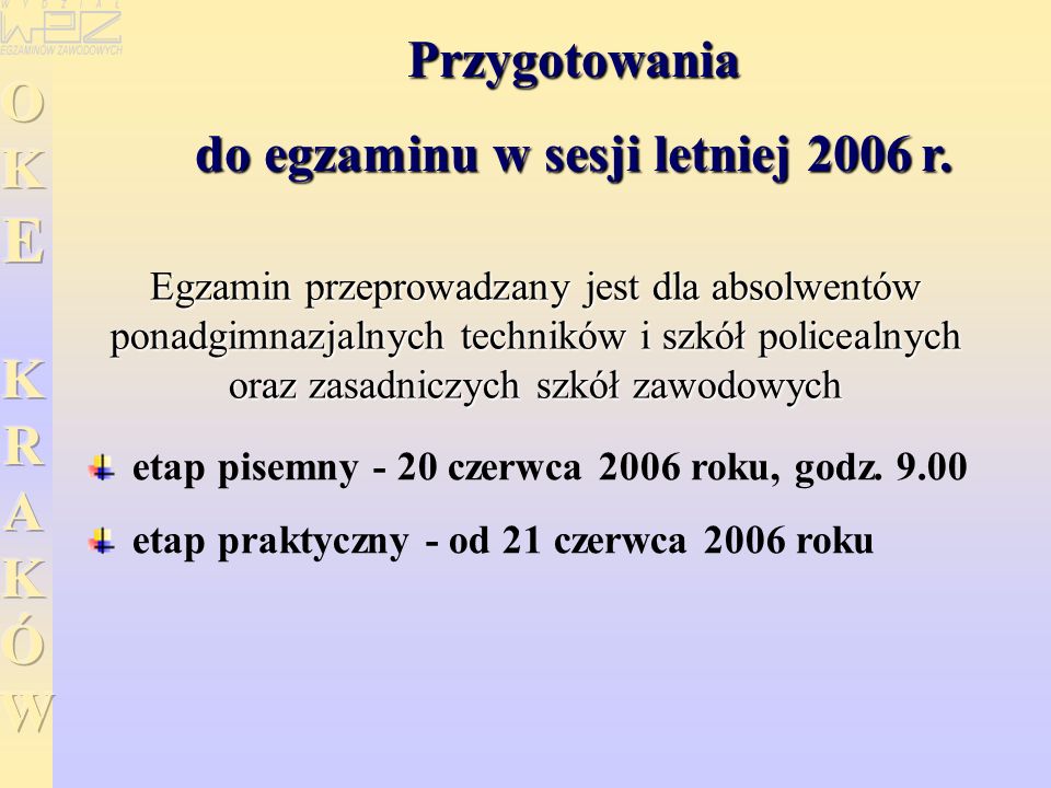 Przygotowania do egzaminu w sesji letniej 2006r. Przygotowania do egzaminu w sesji letniej 2006 r.