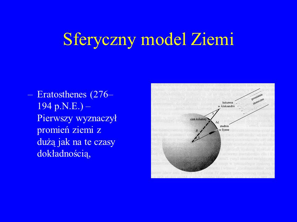 Sferyczny model Ziemi –Eratosthenes (276– 194 p.N.E.) – Pierwszy wyznaczył promień ziemi z dużą jak na te czasy dokładnością,