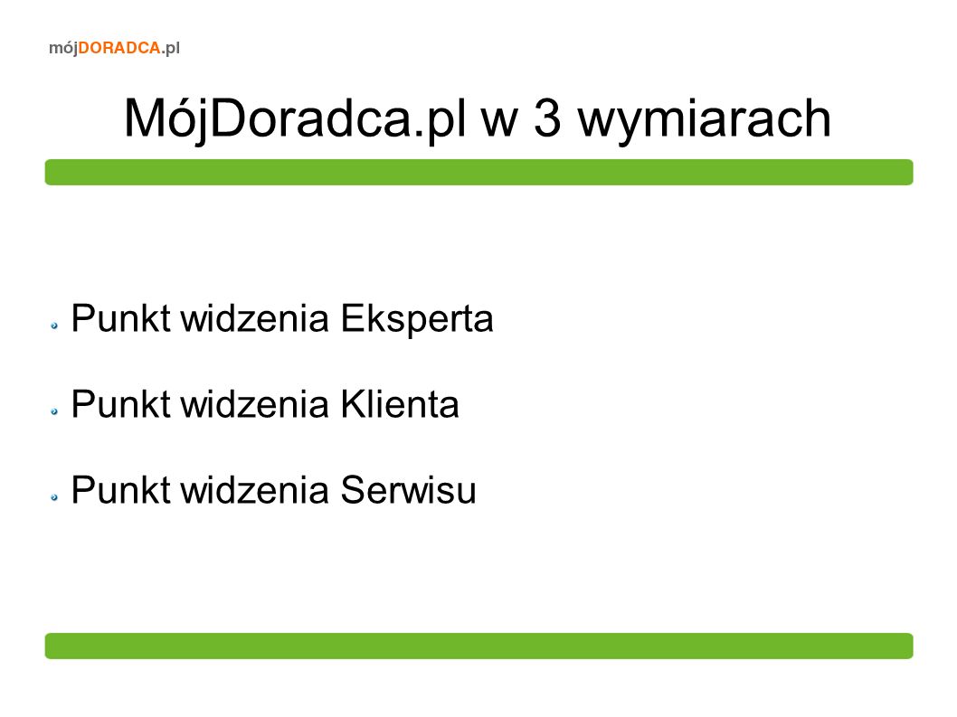 MójDoradca.pl w 3 wymiarach Punkt widzenia Eksperta Punkt widzenia Klienta Punkt widzenia Serwisu