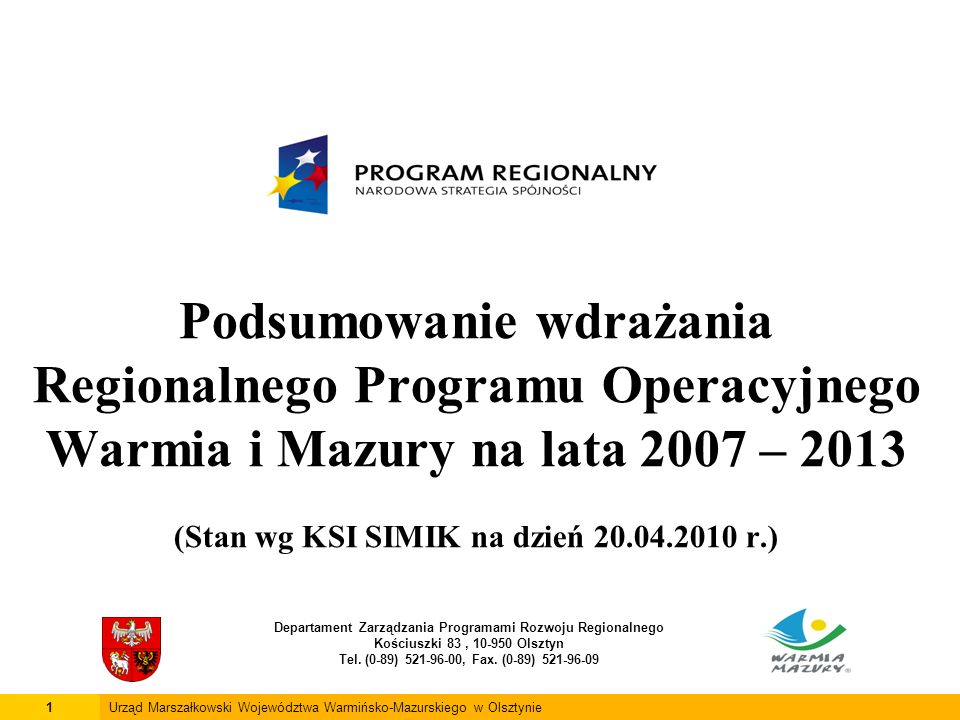 Podsumowanie wdrażania Regionalnego Programu Operacyjnego Warmia i Mazury na lata 2007 – 2013 (Stan wg KSI SIMIK na dzień r.) Departament Zarządzania Programami Rozwoju Regionalnego Kościuszki 83, Olsztyn Tel.