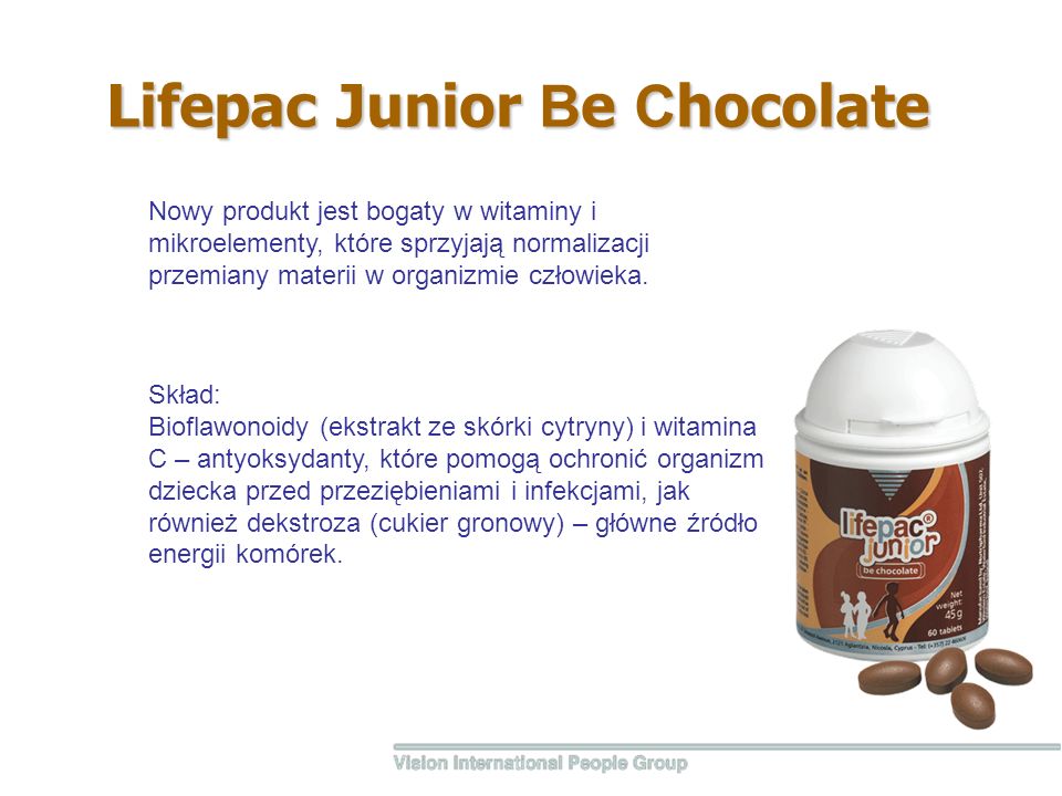 Lifepac Junior В e С hocolate Skład: Bioflawonoidy (ekstrakt ze skórki cytryny) i witamina С – antyoksydanty, które pomogą ochronić organizm dziecka przed przeziębieniami i infekcjami, jak również dekstroza (cukier gronowy) – główne źródło energii komórek.