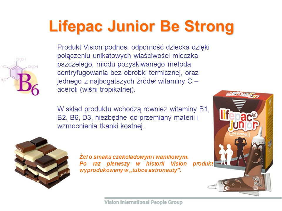 Lifepac Junior Be Strong W skład produktu wchodzą również witaminy B1, B2, B6, D3, niezbędne do przemiany materii i wzmocnienia tkanki kostnej.