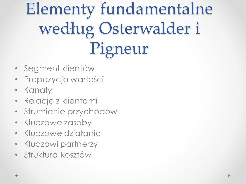 Elementy fundamentalne według Osterwalder i Pigneur Segment klientów Propozycja wartości Kanały Relację z klientami Strumienie przychodów Kluczowe zasoby Kluczowe działania Kluczowi partnerzy Struktura kosztów