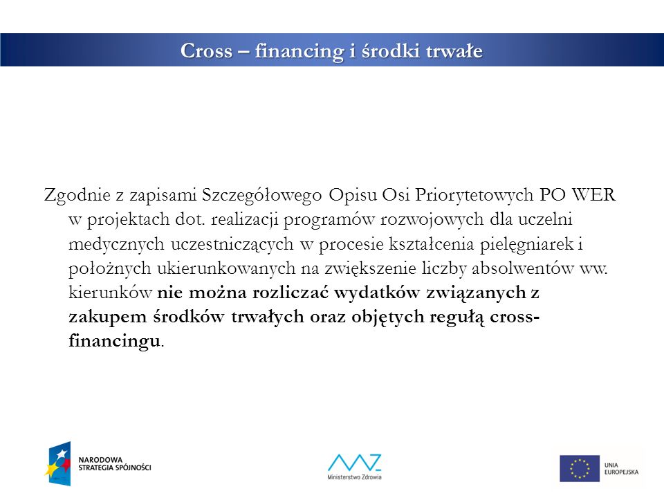 Cross – financing i środki trwałe Zgodnie z zapisami Szczegółowego Opisu Osi Priorytetowych PO WER w projektach dot.