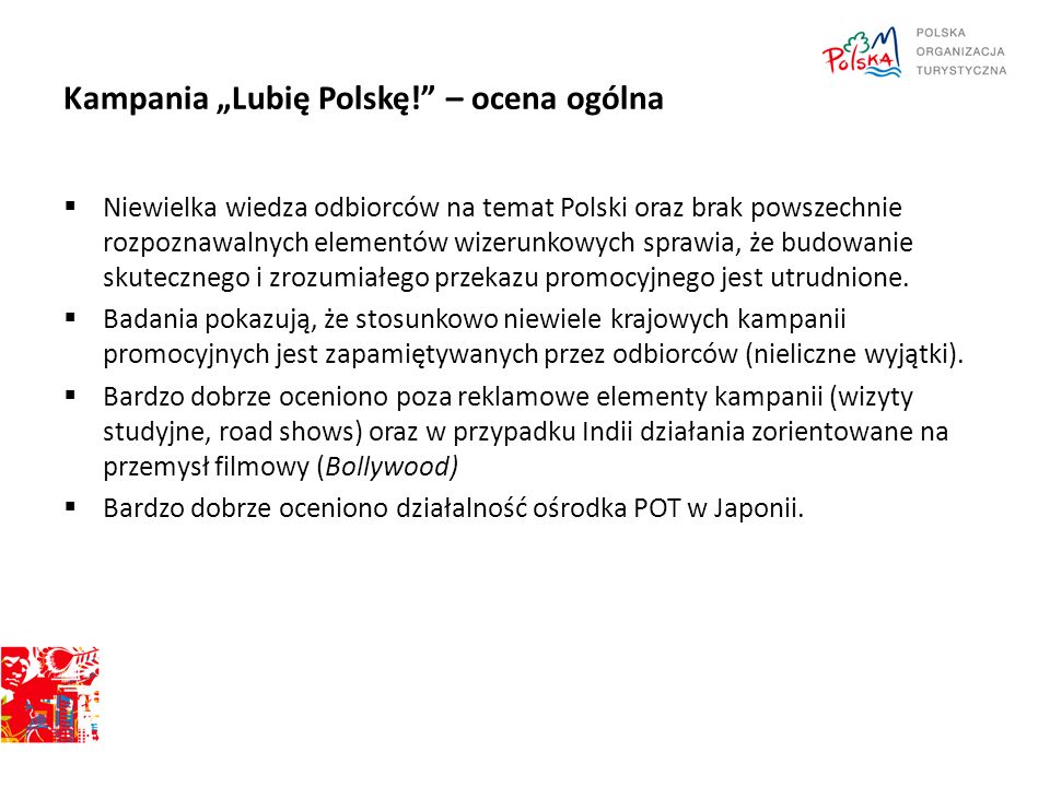 Kampania „Lubię Polskę! – ocena ogólna  Niewielka wiedza odbiorców na temat Polski oraz brak powszechnie rozpoznawalnych elementów wizerunkowych sprawia, że budowanie skutecznego i zrozumiałego przekazu promocyjnego jest utrudnione.