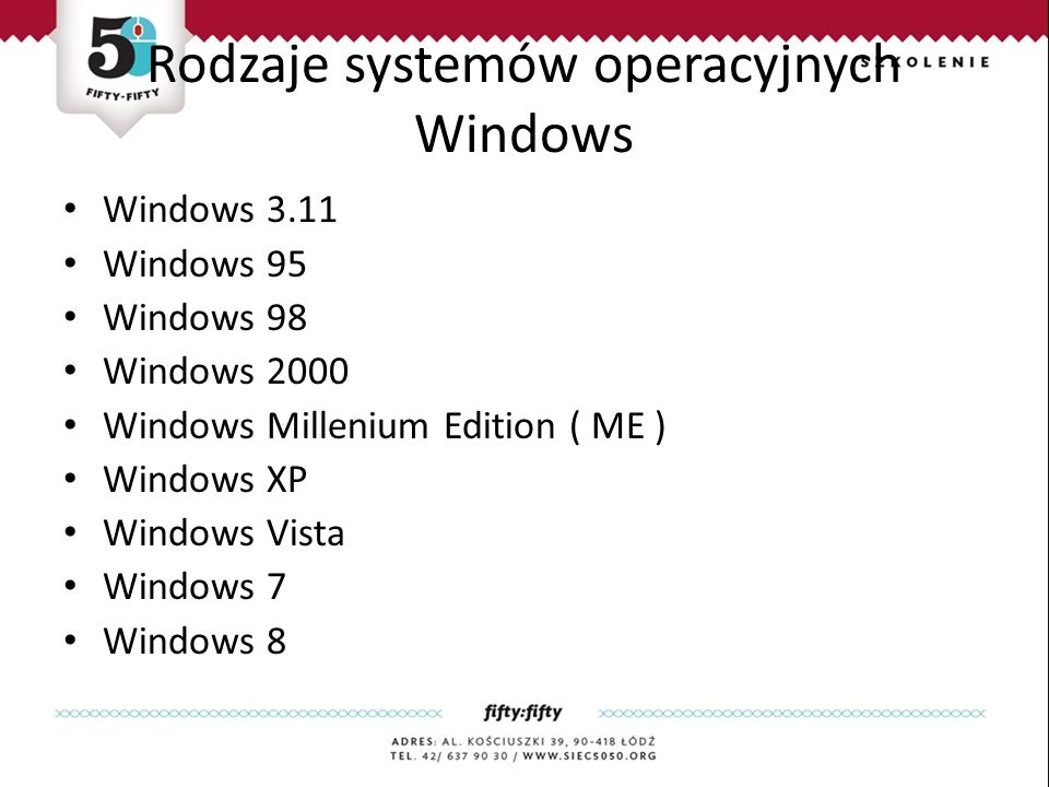 Rodzaje systemów operacyjnych Windows Windows 3.11 Windows 95 Windows 98 Windows 2000 Windows Millenium Edition ( ME ) Windows XP Windows Vista Windows 7 Windows 8