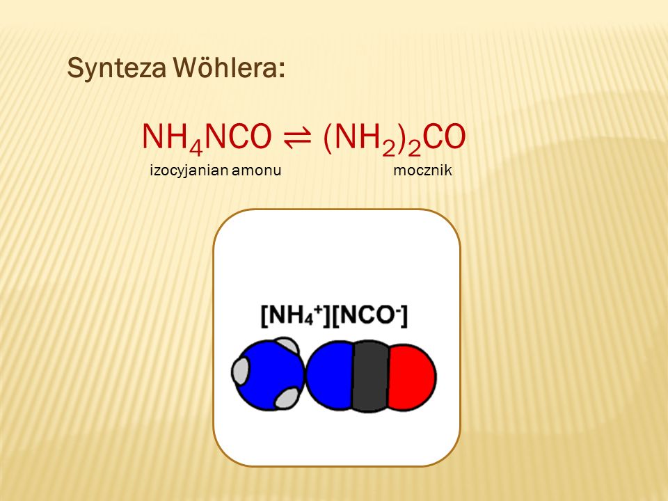Synteza Wöhlera: NH 4 NCO ⇌ (NH 2 ) 2 CO izocyjanian amonumocznik