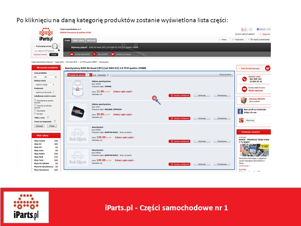 Po kliknięciu na daną kategorię produktów zostanie wyświetlona lista części: iParts.pl - Części samochodowe nr 1