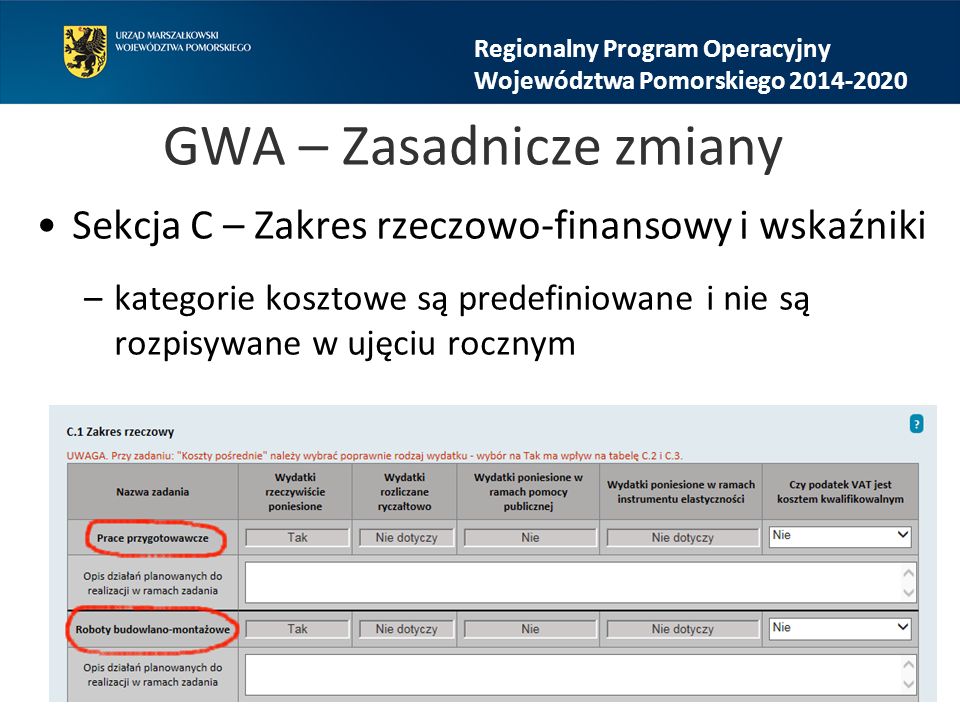 GWA – Zasadnicze zmiany Sekcja C – Zakres rzeczowo-finansowy i wskaźniki –kategorie kosztowe są predefiniowane i nie są rozpisywane w ujęciu rocznym Regionalny Program Operacyjny Województwa Pomorskiego