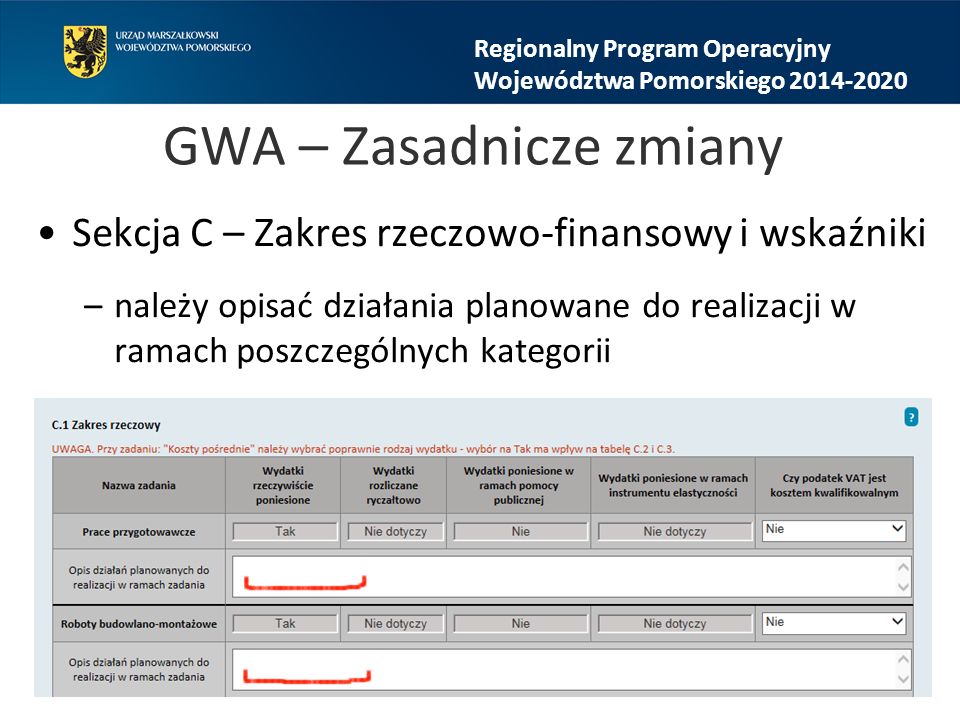 GWA – Zasadnicze zmiany Sekcja C – Zakres rzeczowo-finansowy i wskaźniki –należy opisać działania planowane do realizacji w ramach poszczególnych kategorii Regionalny Program Operacyjny Województwa Pomorskiego