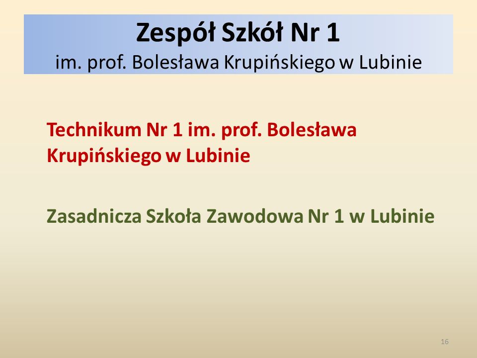 Zespół Szkół Nr 1 im. prof. Bolesława Krupińskiego w Lubinie Technikum Nr 1 im.