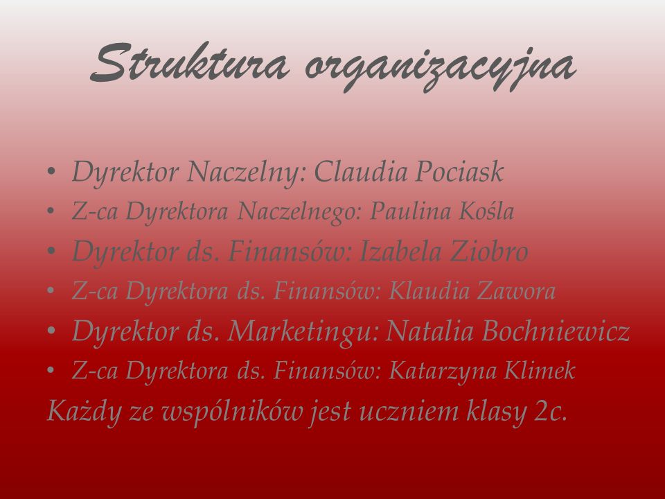 Struktura organizacyjna Dyrektor Naczelny: Claudia Pociask Z-ca Dyrektora Naczelnego: Paulina Kośla Dyrektor ds.
