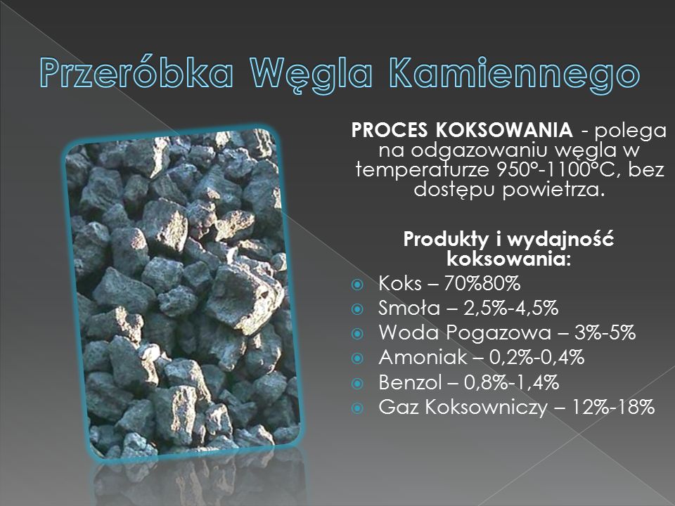 PROCES KOKSOWANIA - polega na odgazowaniu węgla w temperaturze 950°-1100°C, bez dostępu powietrza.