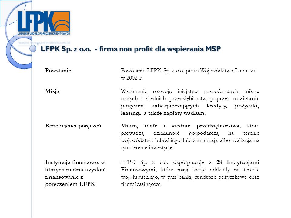LFPK Sp. z o.o. - firma non profit dla wspierania MSP PowstaniePowołanie LFPK Sp.