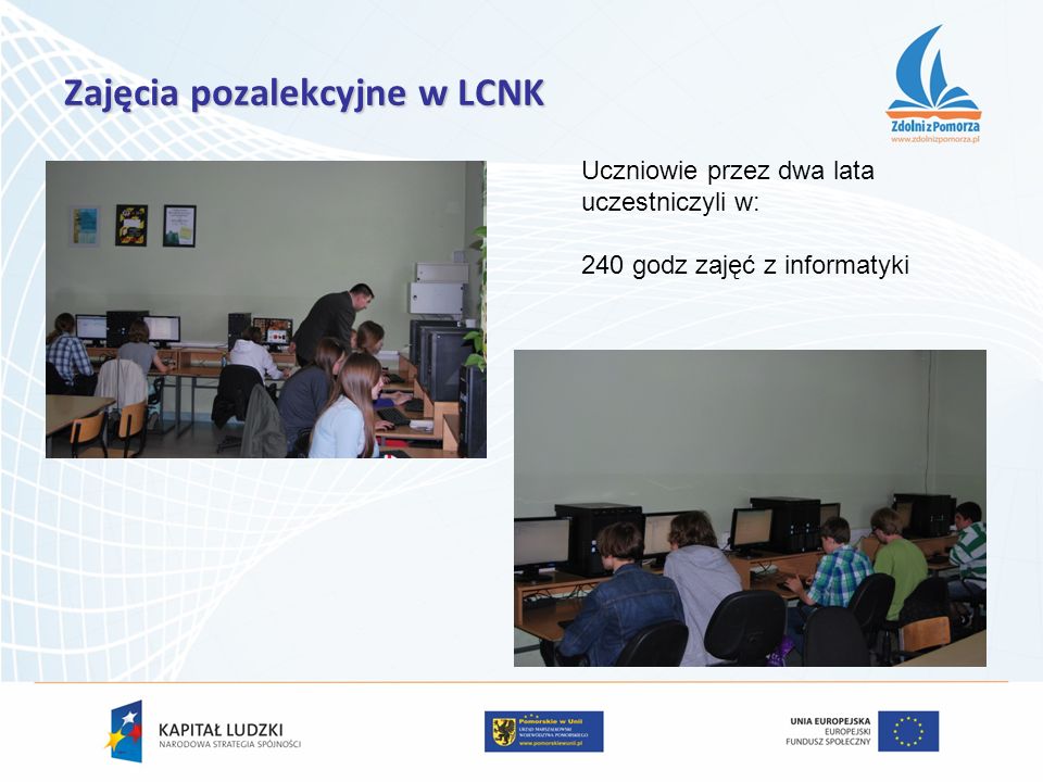 Zajęcia pozalekcyjne w LCNK Uczniowie przez dwa lata uczestniczyli w: 240 godz zajęć z informatyki