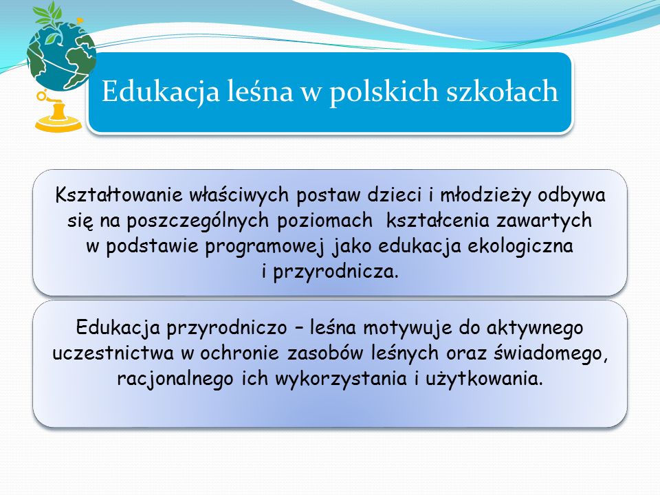 Edukacja leśna w polskich szkołach Kształtowanie właściwych postaw dzieci i młodzieży odbywa się na poszczególnych poziomach kształcenia zawartych w podstawie programowej jako edukacja ekologiczna i przyrodnicza.