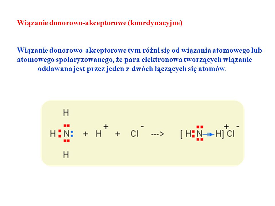 Wiązanie donorowo-akceptorowe (koordynacyjne) Wiązanie donorowo-akceptorowe tym różni się od wiązania atomowego lub atomowego spolaryzowanego, że para elektronowa tworzących wiązanie oddawana jest przez jeden z dwóch łączących się atomów.