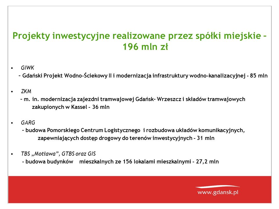 Projekty inwestycyjne realizowane przez spółki miejskie – 196 mln zł GIWK – Gdański Projekt Wodno-Ściekowy II i modernizacja infrastruktury wodno-kanalizacyjnej - 85 mln ZKM – m.