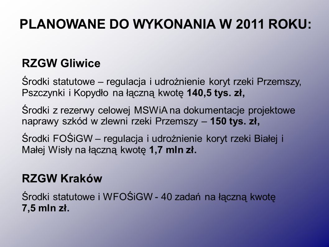 RZGW Gliwice Środki statutowe – regulacja i udrożnienie koryt rzeki Przemszy, Pszczynki i Kopydło na łączną kwotę 140,5 tys.