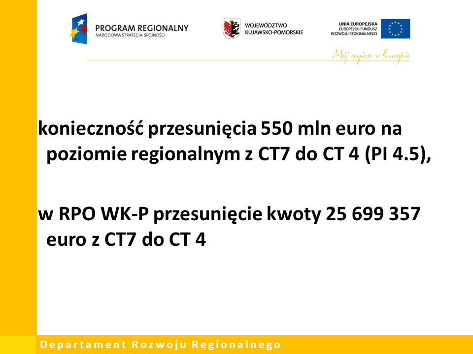 Departament Rozwoju Regionalnego konieczność przesunięcia 550 mln euro na poziomie regionalnym z CT7 do CT 4 (PI 4.5), w RPO WK-P przesunięcie kwoty euro z CT7 do CT 4