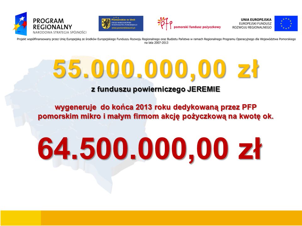 ,00 zł z funduszu powierniczego JEREMIE wygeneruje do końca 2013 roku dedykowaną przez PFP pomorskim mikro i małym firmom akcję pożyczkową na kwotę ok.