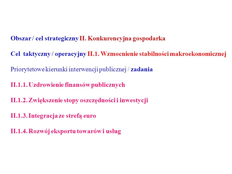 Obszar / cel strategiczny II. Konkurencyjna gospodarka Cel taktyczny / operacyjny II.1.