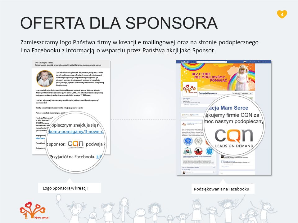 OFERTA DLA SPONSORA 4 Zamieszczamy logo Państwa firmy w kreacji  ingowej oraz na stronie podopiecznego i na Facebooku z informacją o wsparciu przez Państwa akcji jako Sponsor.