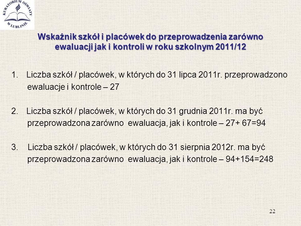Wskaźnik szkół i placówek do przeprowadzenia zarówno ewaluacji jak i kontroli w roku szkolnym 2011/12 1.Liczba szkół / placówek, w których do 31 lipca 2011r.
